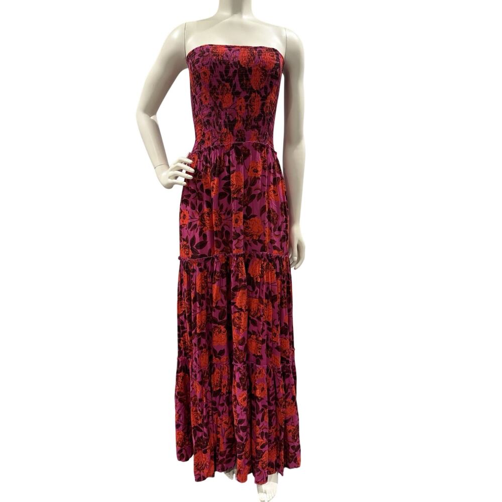Abel The Label Floral Smocked Maxi Dress Womens Small Pink Ruffle Tiered Summer
